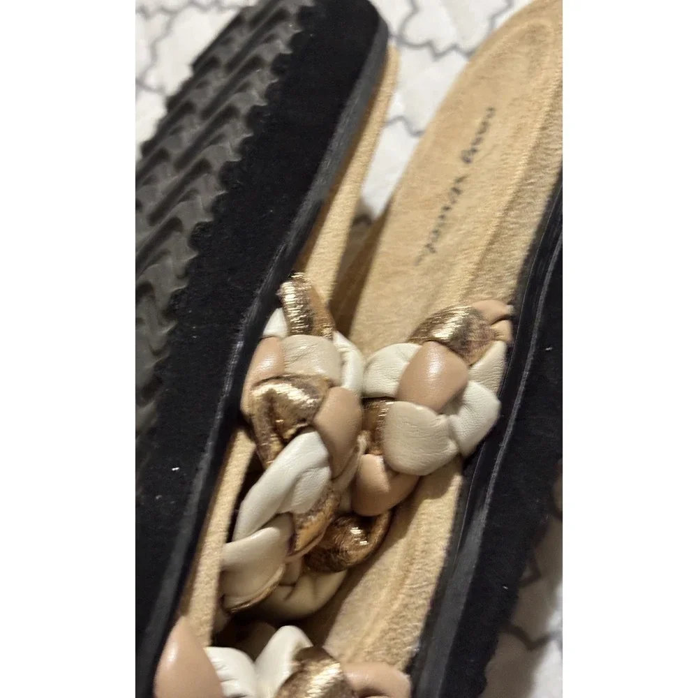 Easy Street Womens Braided Double Strap Slide Sandals Gold Beige Cream Size 7.5M